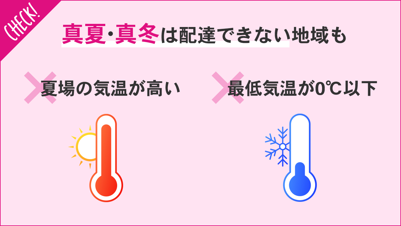 真夏・真冬は配達できない地域も　夏場の気温が高い、最低気温が0℃以下
