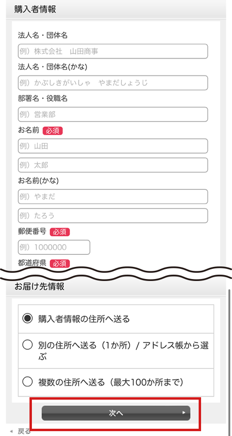 購入者情報、お届け先を選択して「次へ」ボタンをクリック